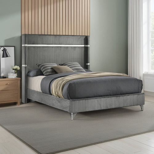 Jenny Queen Size Bed, Wingback Fluted Upholstered Headboard, Gray