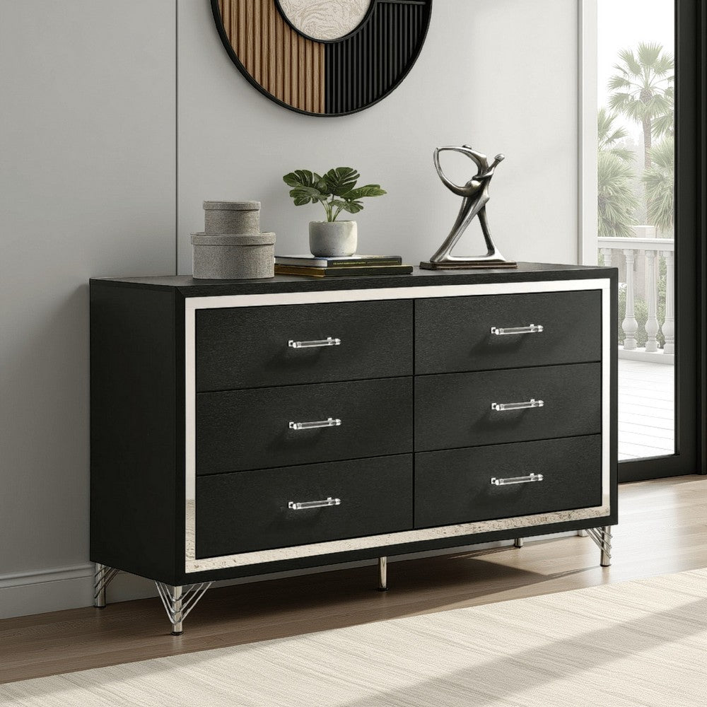 Jenny Wide Dresser, 6 Drawers and Chrome Accents, Modern Black Tone Benjara