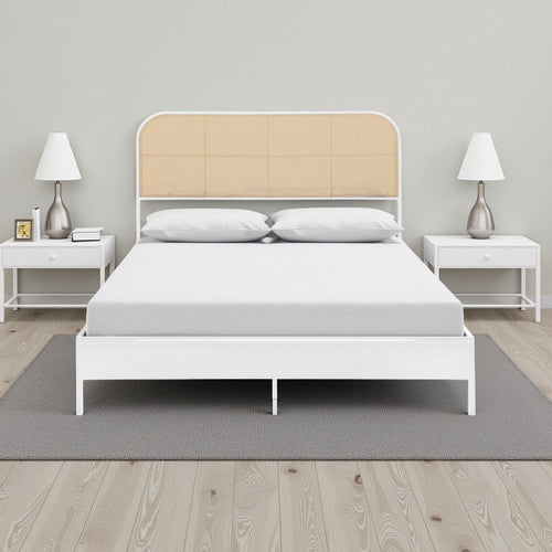 Ammy Full Bed, Radio Weave Headboard, Brown Faux Rattan, White Metal