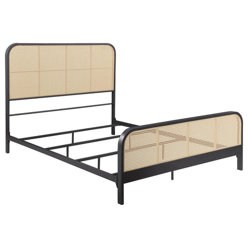 Lanie Queen Bed with Brown Open Cane Webbing Faux Rattan, Black Metal