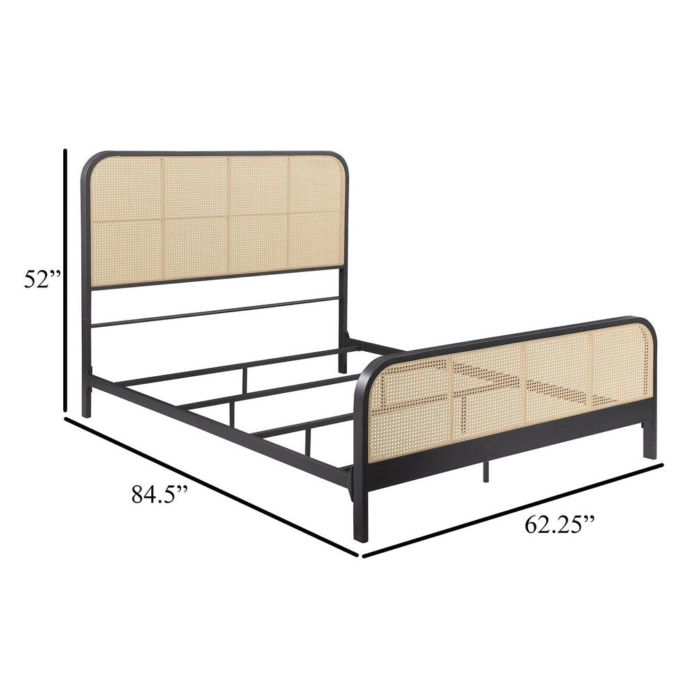 Lanie Queen Bed with Brown Open Cane Webbing Faux Rattan Black Metal