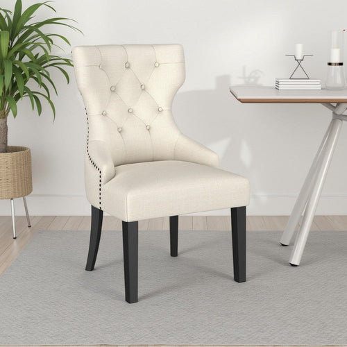 Aney Dining Side Chair, Curved Barrel Design, Beige Fabric, Black Wood