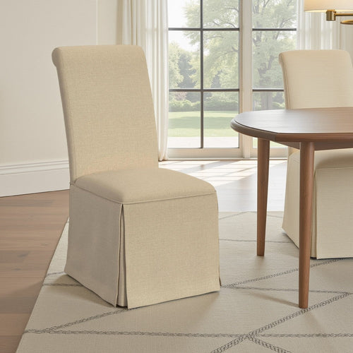 Shaw Dining Chair Set of 2, Tall Rolled Back and Skirted Base, Beige