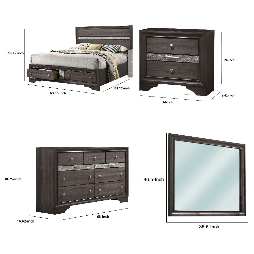 Po 4 Piece Bedroom Set | Queen Size | Silver Accents | Gray Brown Wood BM329294