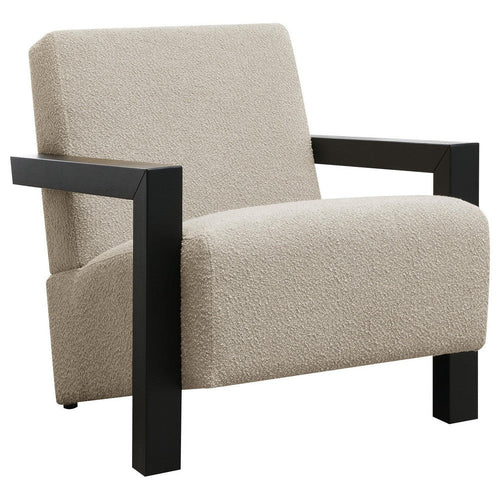 Fitz Accent Chair, Soft Latte Beige Boucle Cushions, Black Wood Arms