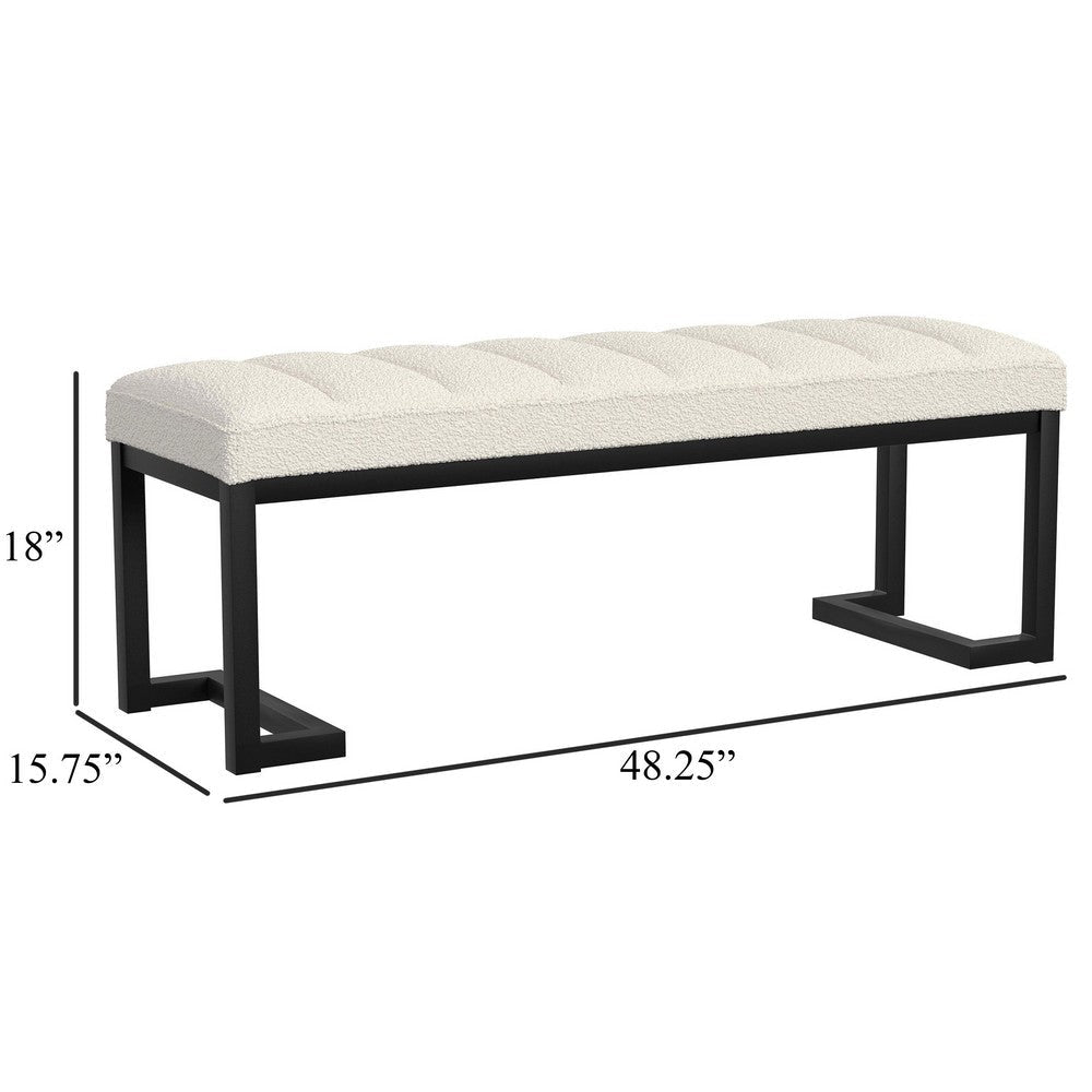 Mezza Accent Bench Tufted Ivory Boucle Fabric Black Metal 48 Inch
