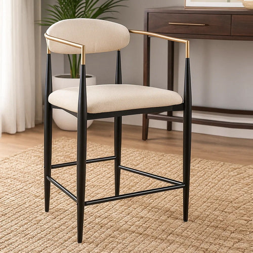 Tiara Counter Height Chair Set of 2, Beige Fabric, Black Metal 25 Inch