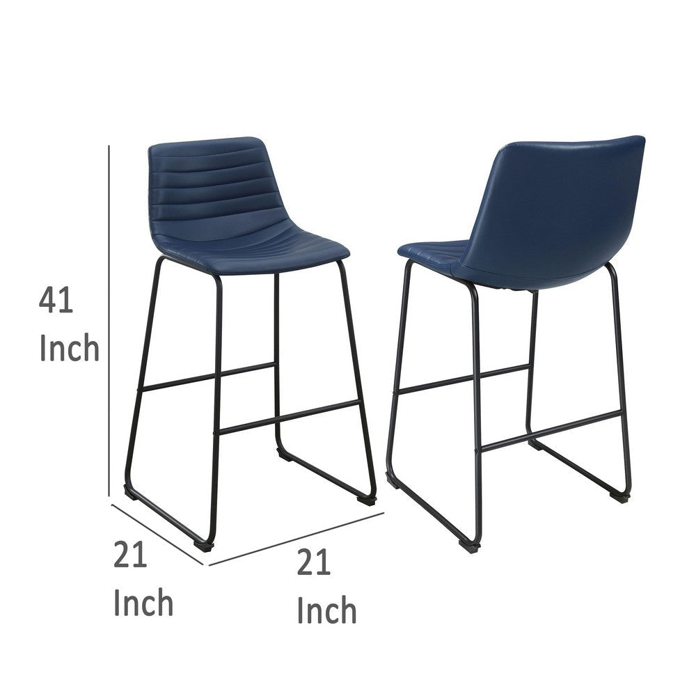 Zuno Bar Height Chair Set of 2 Blue Faux Leather Black Metal 30 Inch