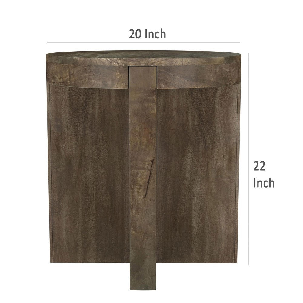 Kinaj Side End Table Dark Brown Solid Mango Wood Round 20 Inch BM329708