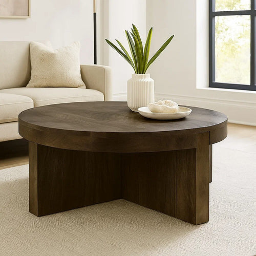Kinaj Coffee Table, Dark Brown Solid Mango Wood, Round 38 Inch Top