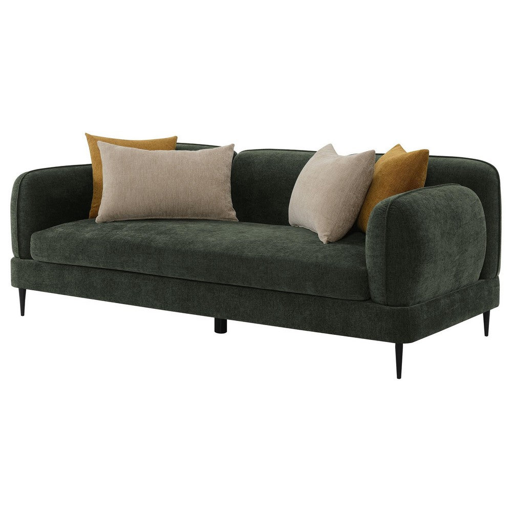 Dija Sofa with 4 Accent Throw Pillows, 84 Inch, Dark Green Chenille