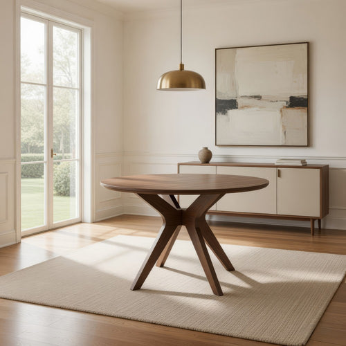 Ashley Jeyn Round Dining Table, Modern Curved Base, 45 Inch Brown Mango Wood