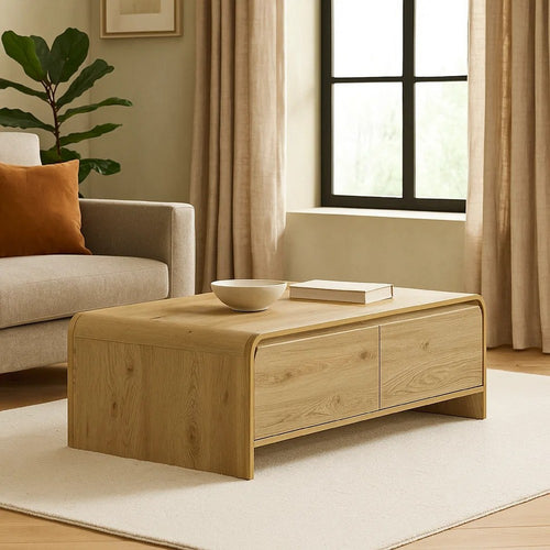 Maria Coffee Table, 2 Drawer and Waterfall Style, Beige Wood 47 Inch