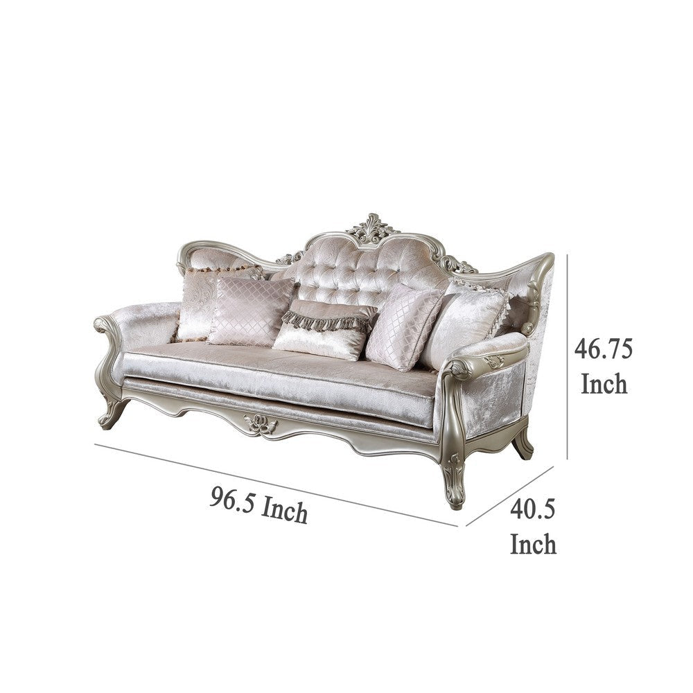 Kerra Sofa with Accent Pillows Beige Fleur De Lis Velveteen 97 Inch BM329831