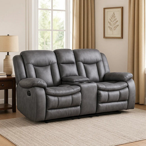 Olaf Dual Manual Recliner Loveseat, Dark Gray Faux Leather 77 Inch