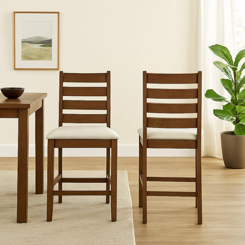 Accai Counter Height Chair Set of 2, Beige Polyester, Brown Rubberwood
