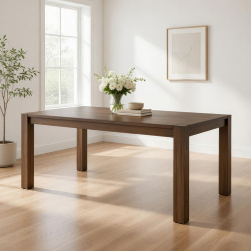 Enix Dining Table with Burnished Edges, Brown Solid Rubberwood 78 Inch
