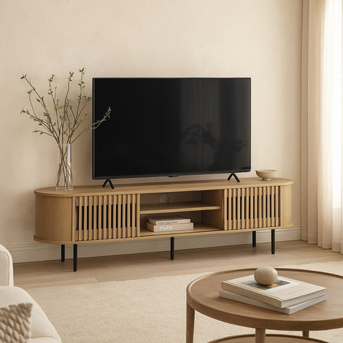 Brandon TV Stand Media Console, Shelf 2 Cabinets, Beige Wood, 71 Inch