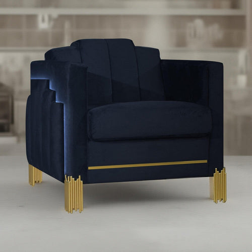 Theo Accent Chair, Black Velvet, Blue LED Lights, Gold Metal Legs