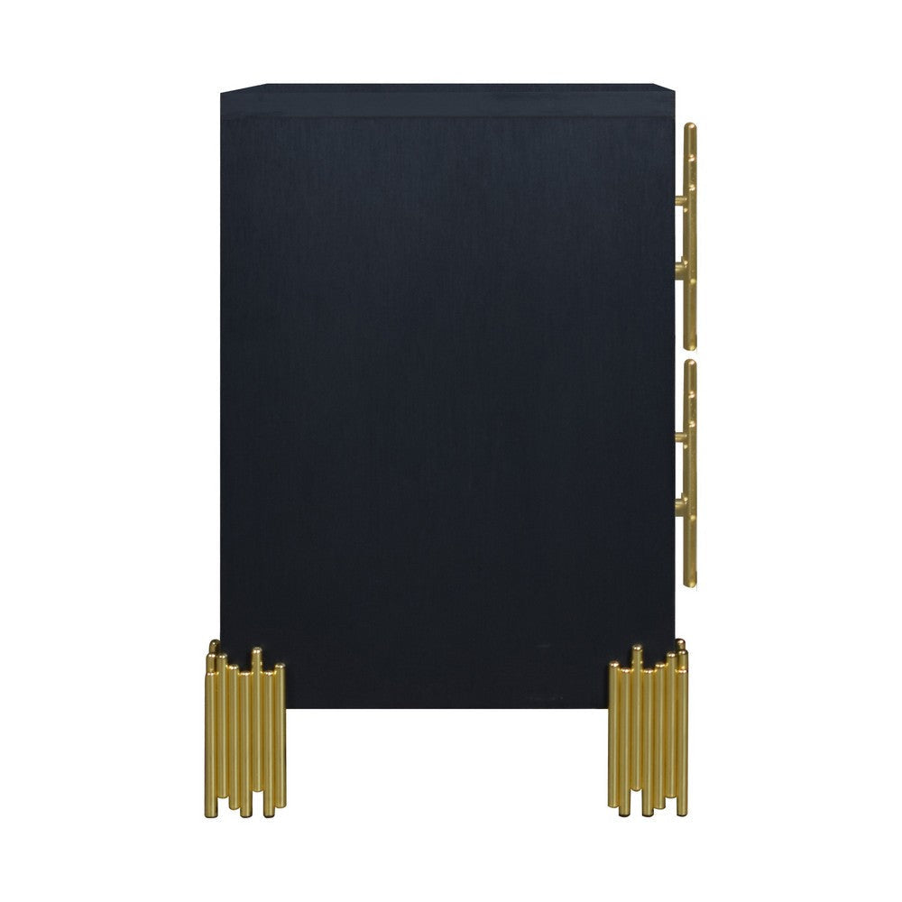 Theo Nightstand 2 Drawers Retro Gold Handles and Black Wood 25 Inch BM329929