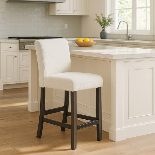 Ghy Counter Height Chair Set of 2, White Fabric, Solid Acacia Wood