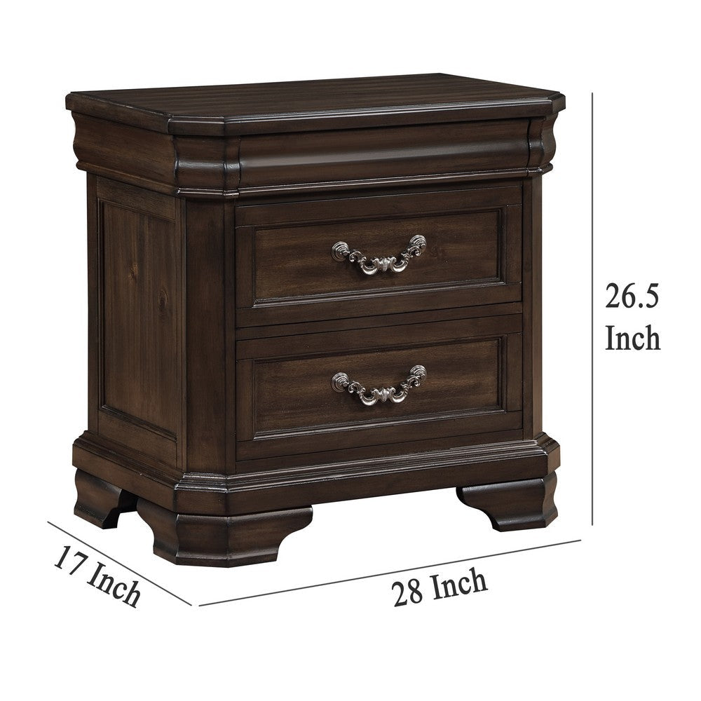 Lynda Nightstand 2 Drawers Metal Handles Brown Acacia Wood 28 Inch