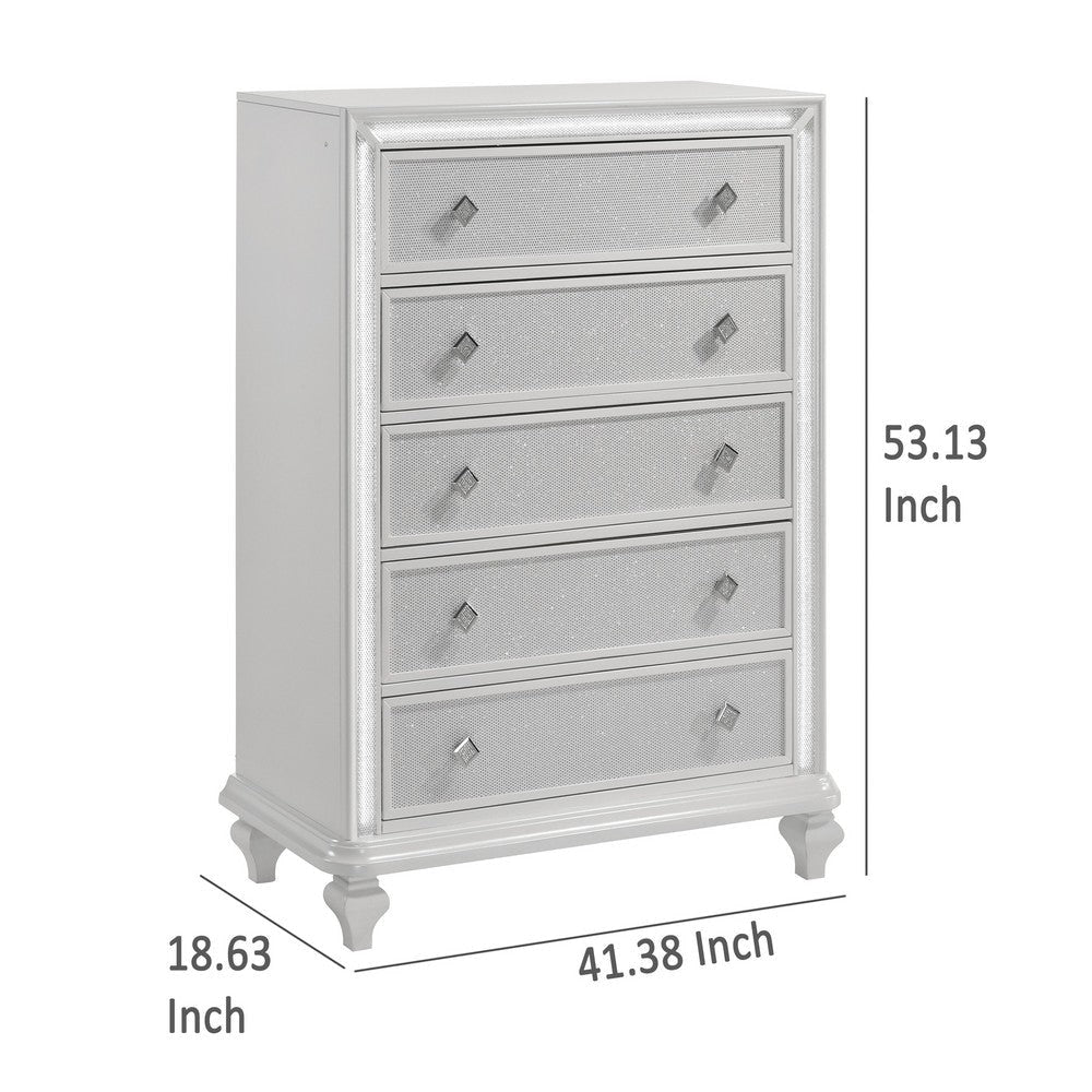 Stacy Tall Dresser Chest with 5 Drawers and LED Lights White Wood BM329981