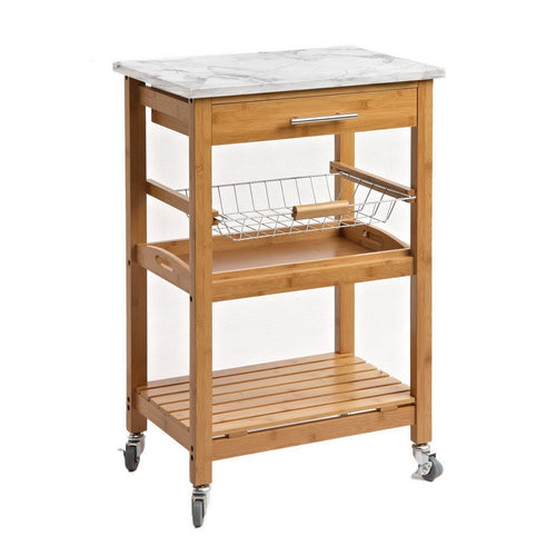 Jude Rolling Kitchen Bar Cart, 2 Shelves, Faux Marble, Brown Bamboo