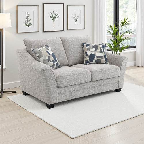 Kito Loveseat, 61 Inch Modern Light Gray Fabric, 2 Accent Pillows