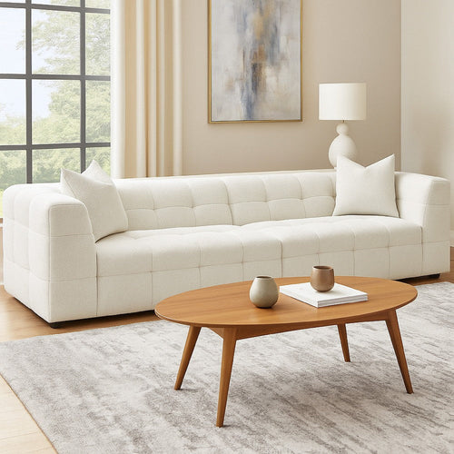 Lopo 114 Inch Long Sofa, Grid Tufted Off White Fabric 2 Accent Pillows