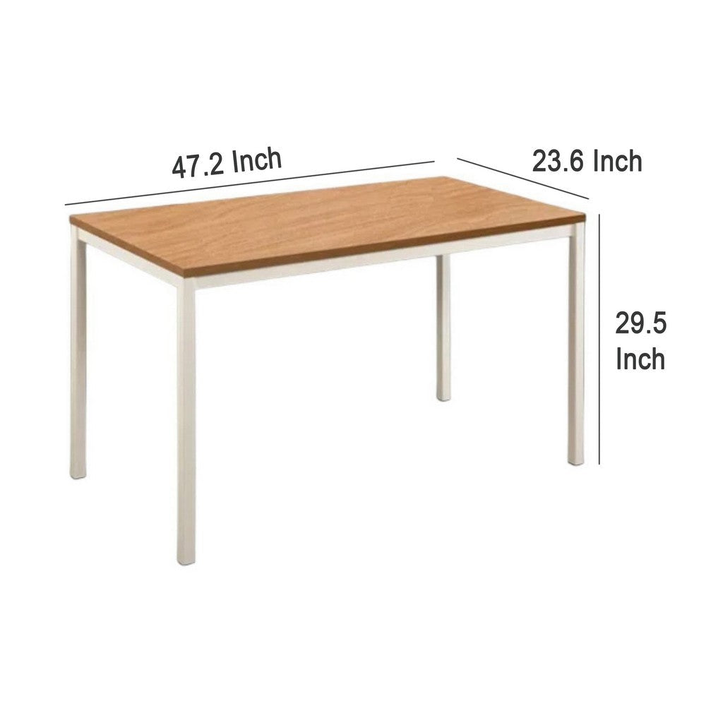 Rary Computer Writing Desk 47 Inch White Metal Oak Brown Wood Top