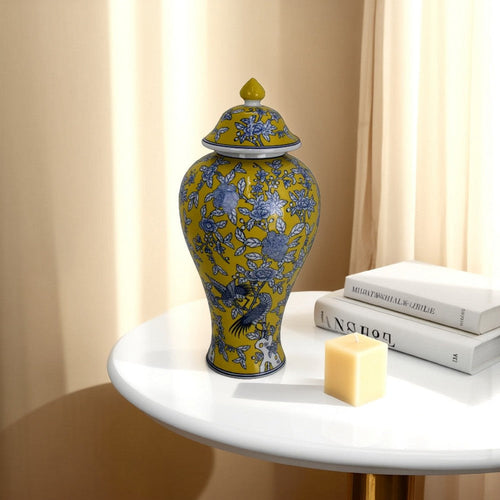 Chris Decorative Jar, Yellow Bird and Floral, Blue Ceramic 20 Inch
