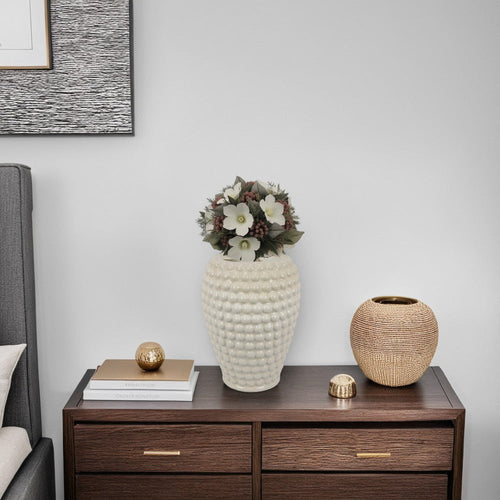 Rozie Round Vase with Bubble Texture Design, White Ceramic 15 Inch