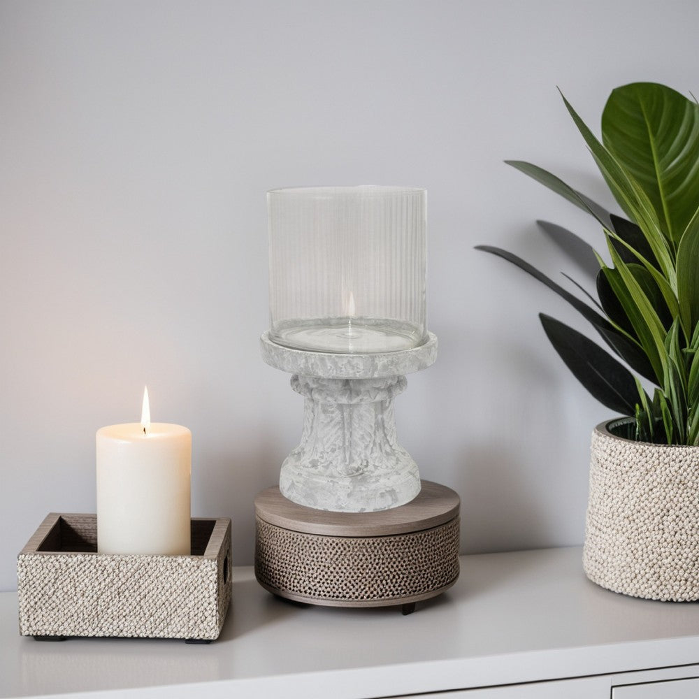 Kris Candle Holder, Hurricane Glass Top, White Gray Ceramic 14 Inch