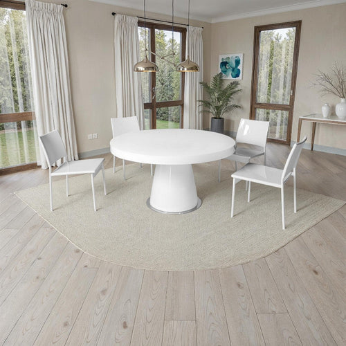 John Dining Table, 53 Inch Round Top, Modern Cone Base, White, Steel