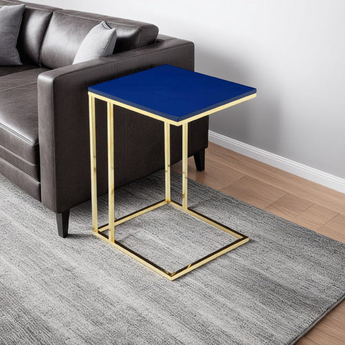 Zen Side End Table, C Shape Gold Base, Navy Blue Lacquer Top