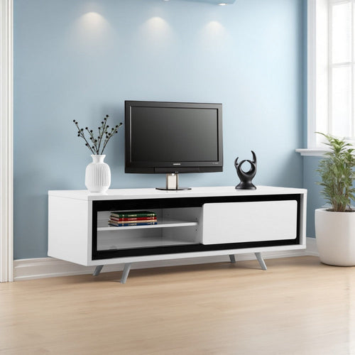 Hle TV Stand Media Console, Low Profile 59 Inch White Black Lacquer