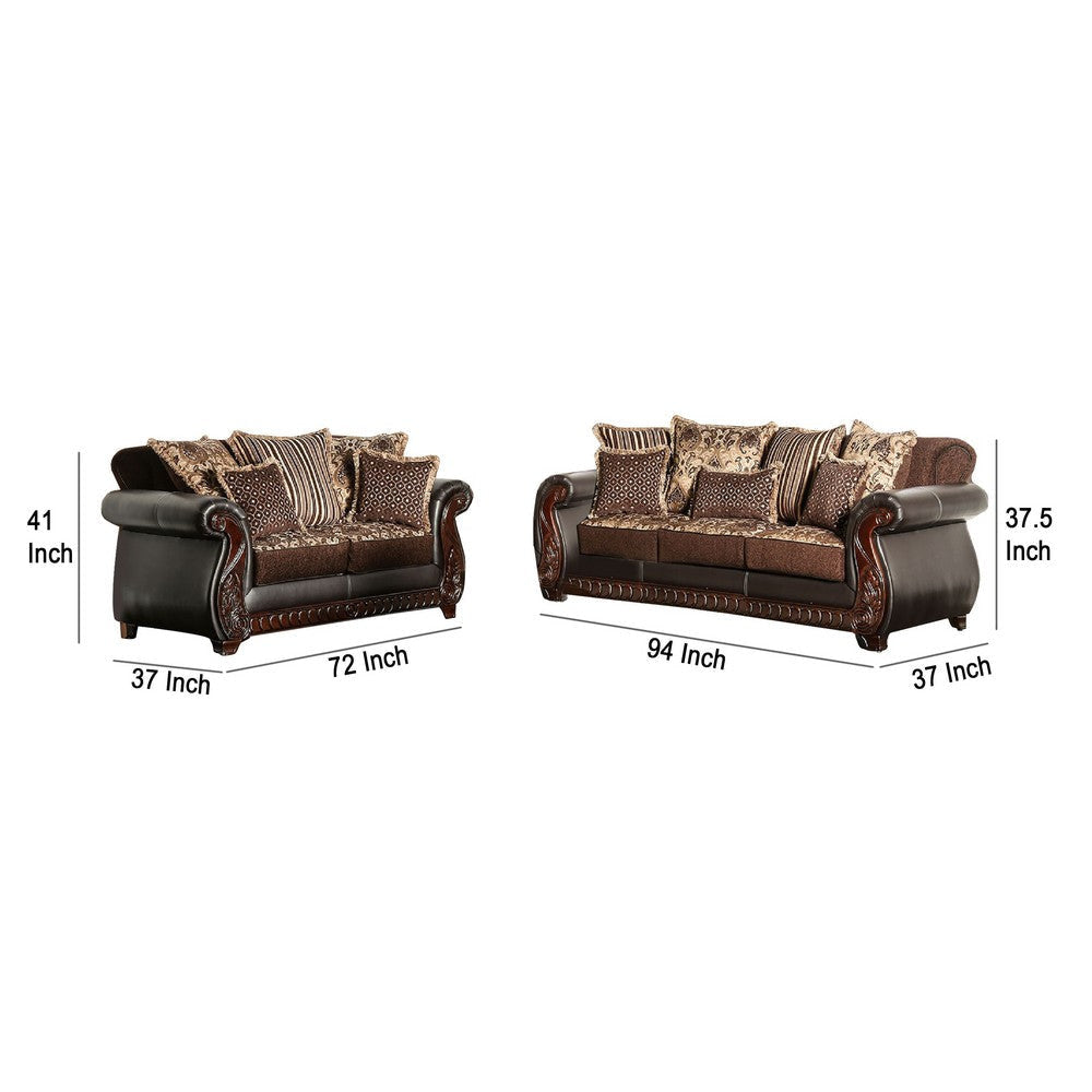 Lenira 2pc Sofa Loveseat Set Brown Faux Leather 5 Accent Pillows