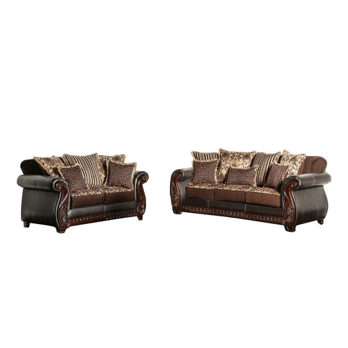 Lenira 2pc Sofa Loveseat Set, Brown Faux Leather, 5 Accent Pillows