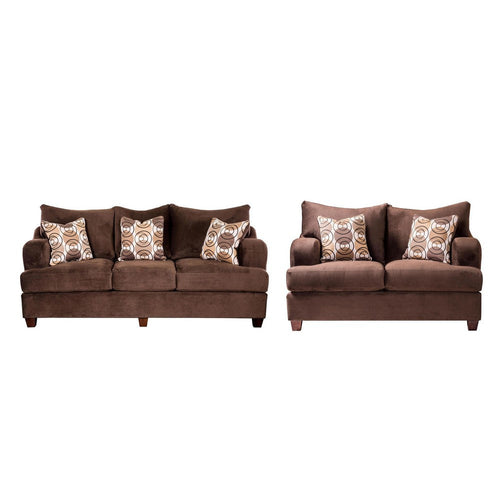 Roswell Sofa Loveseat Set, Chocolate Brown Chenille, 5 Accent Pillows