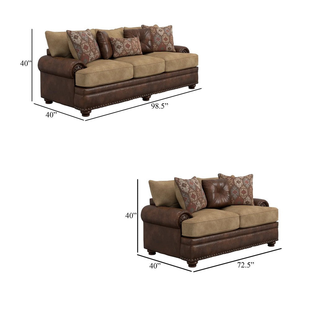 Flet 2pc Sofa Loveseat Set Brown Chenille Faux Leather 8 Pillows BM330271