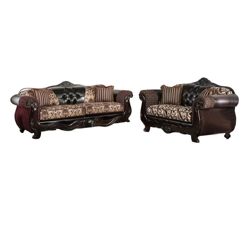 Quo 2pc Sofa Loveseat Set, Brown Chenille and Faux Leather, 4 Pillows