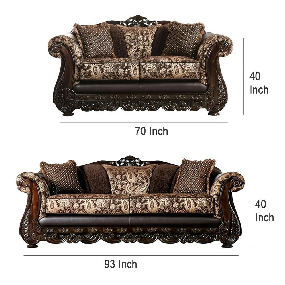 Delie 2pc Sofa Loveseat Set Brown Gold Chenille 4 Accent Pillows