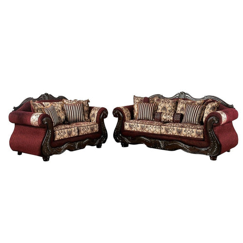 Maty 2pc Sofa Loveseat Set, Burgundy Brown Chenille, 5 Accent Pillows