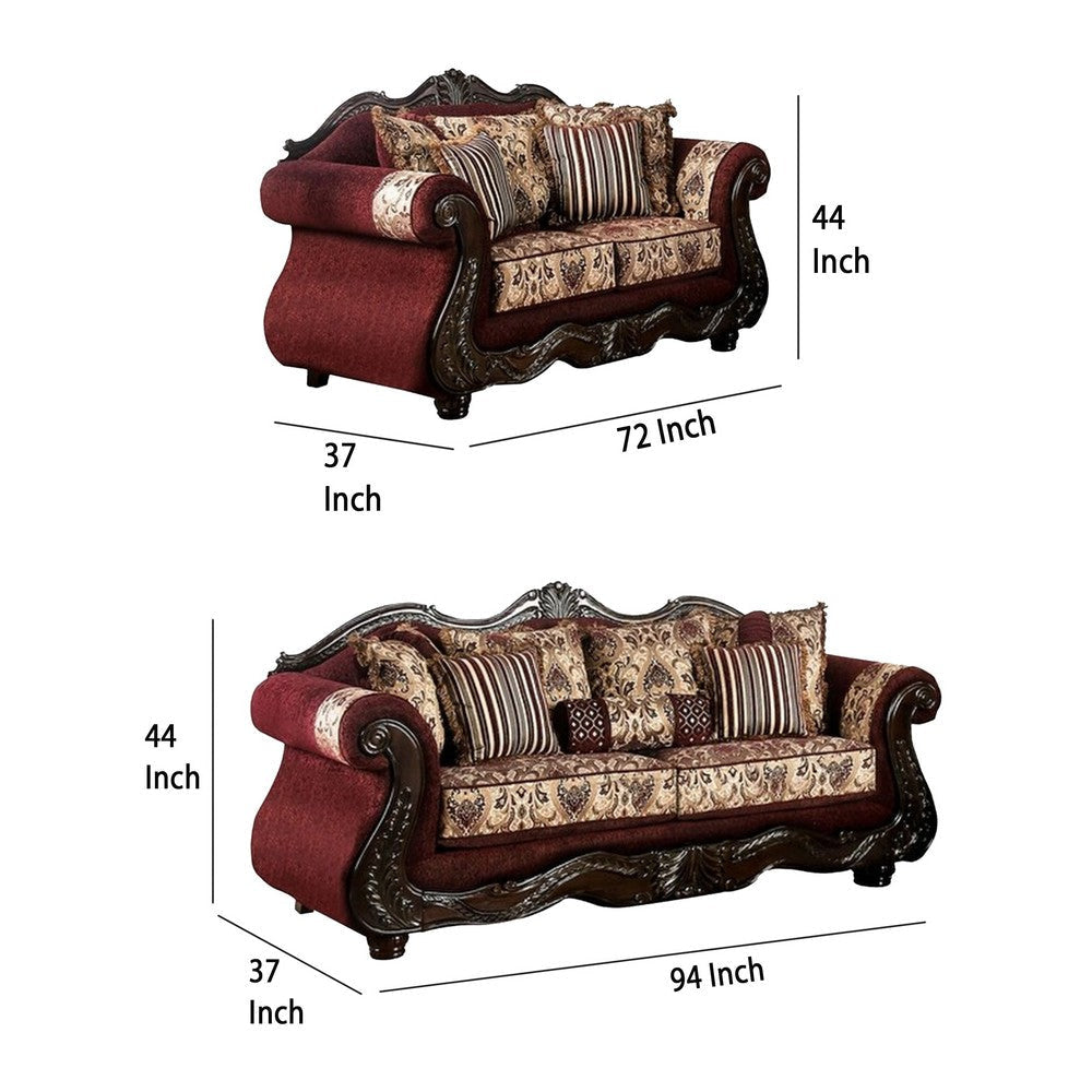 Maty 2pc Sofa Loveseat Set Burgundy Brown Chenille 5 Accent Pillows BM330313
