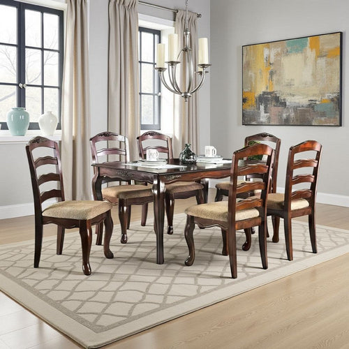 Viny 7pc Dining Table Set with 6 Fabric Chairs, Dark Walnut Solid Wood