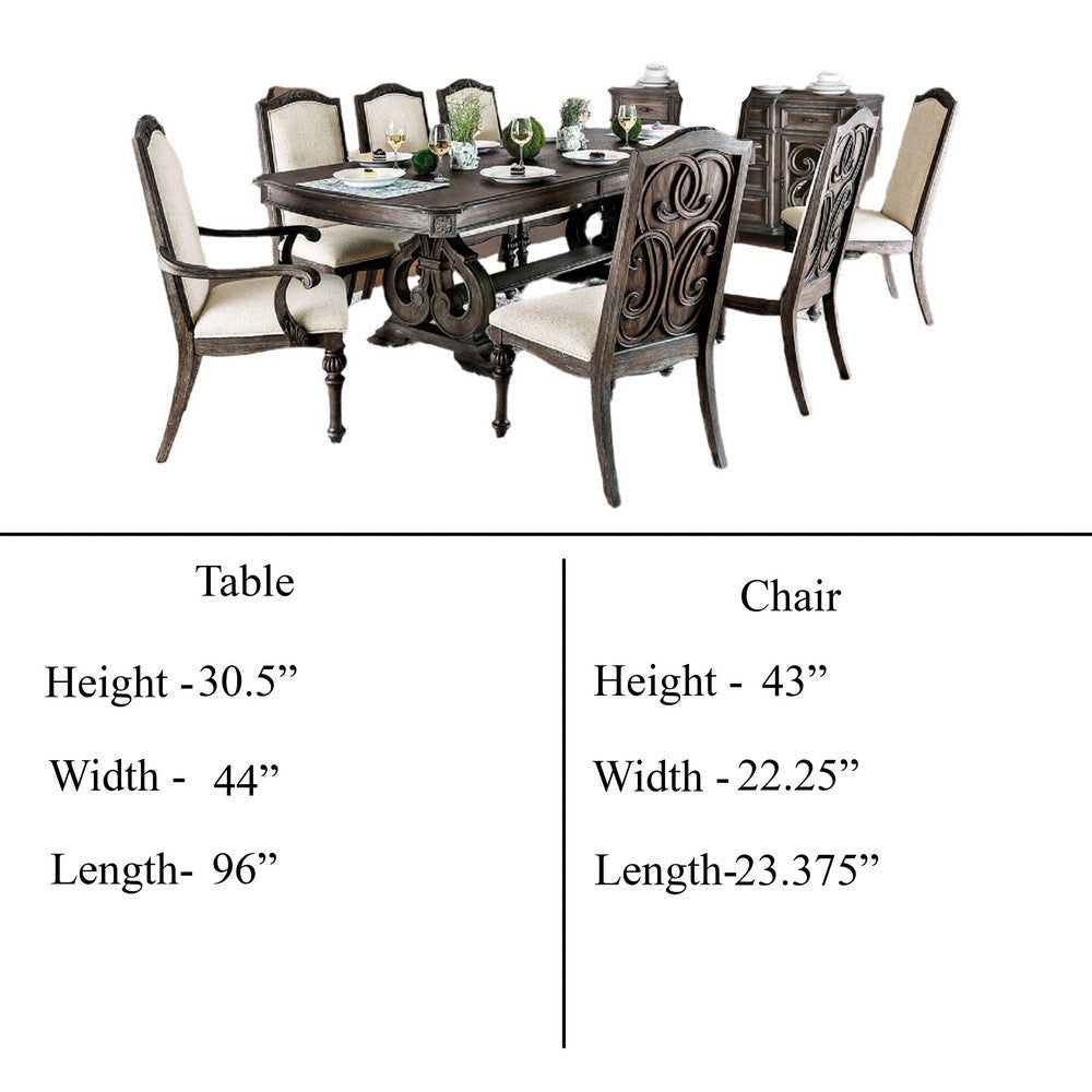 Arca 9pc Dining Table Set with 8 Ivory Fabric Chair Rustic Solid Wood BM330400