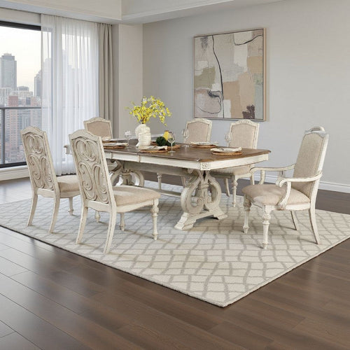 Arca 7pc Dining Table Set with Fabric Chairs, Antique White Solid Wood