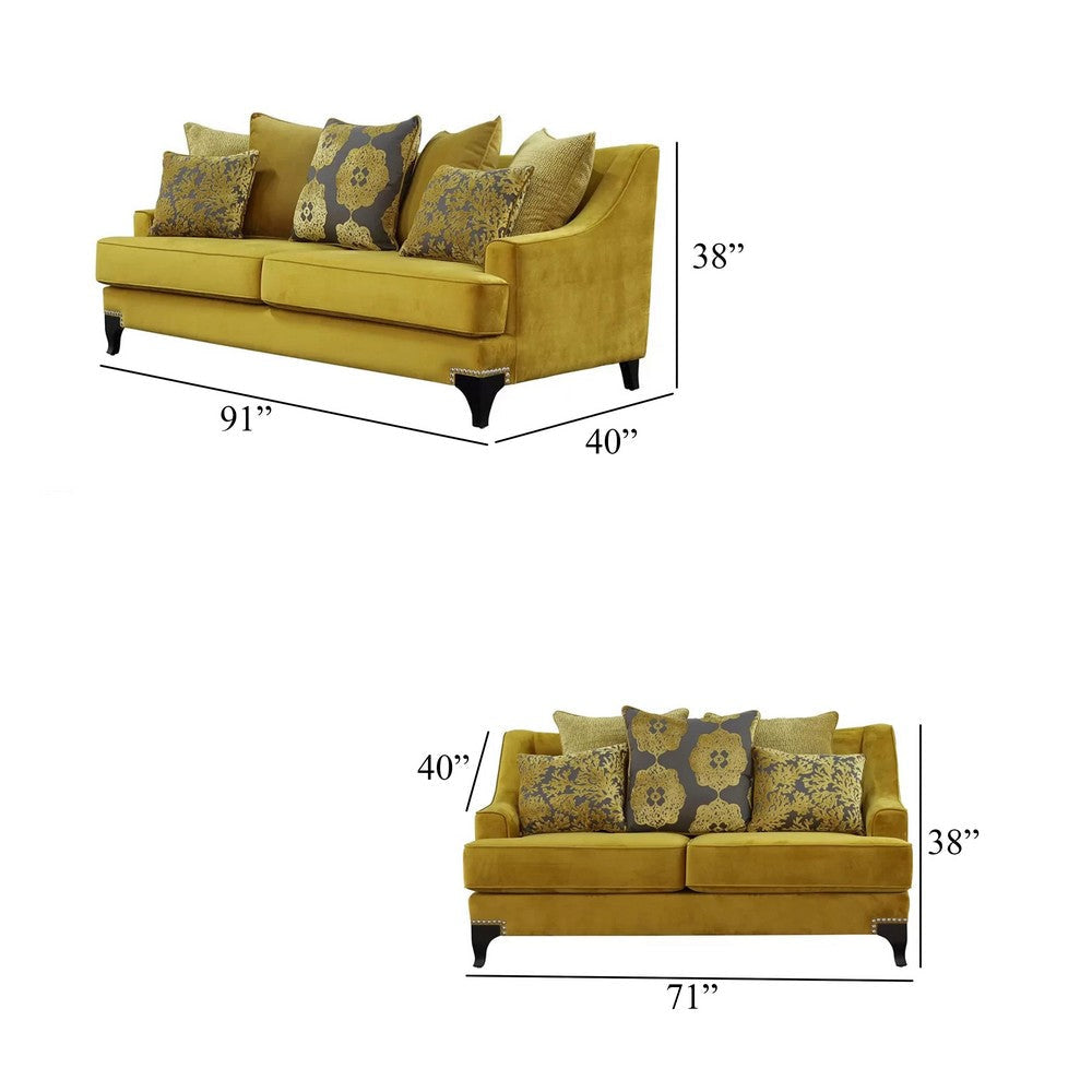 Visco 2pc Sofa Loveseat Set 8 Throw Pillows Rivet Trim Gold Yellow BM330423