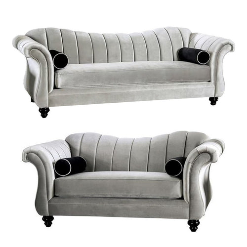Avin 2pc Sofa and Loveseat Set, Bolster Pillows, Pewter Gray Chenille